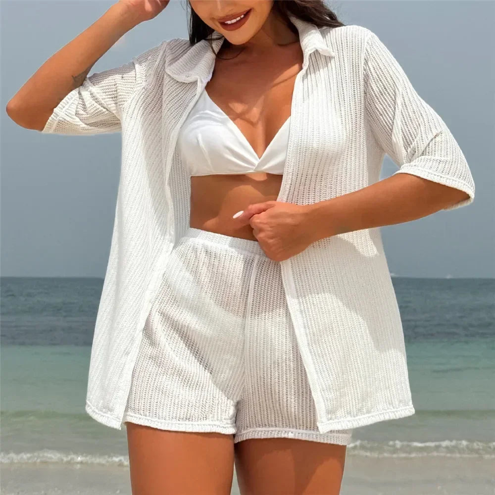 White Mesh Shirts Shorts Swimwear 4 Piece Bikinis Sets Beach Wear Sexy Swimsuit Women Bathing Suit Triangle Bikini 2025 Mujer