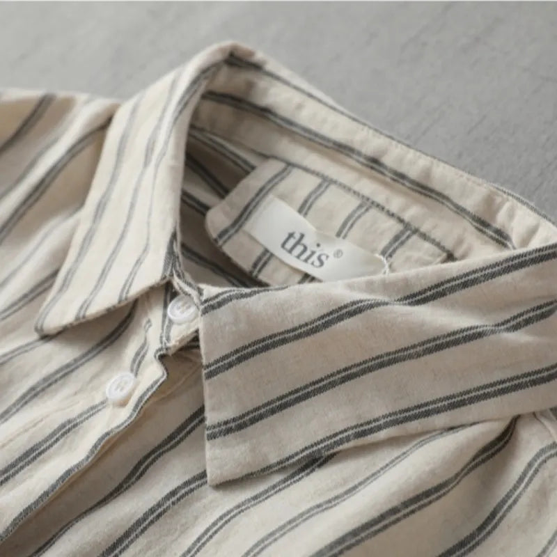 SuperAen Vertical Striped Linen Shirt Women's Autumn Casual Japanese Layered Shirt Long-sleeved Casual Shirts