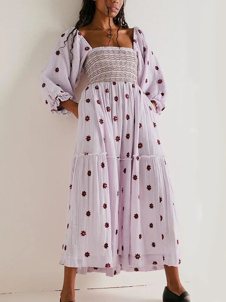 Floral Embroidery Maxi Dress Spring Autumn Long Sleeve Loose Boho Women Ruffles Casual Holiday Tiered Ladies Dresses