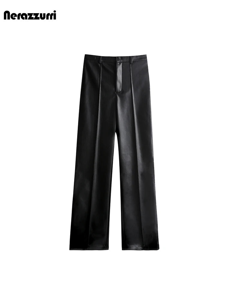 Stylish Chic Black Soft PU Leather Straight Pants Women High Waist Autumn Winter Ladies Faux Leather Trousers 2023