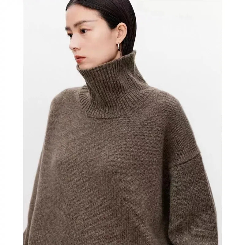 High-end soft waxy turtleneck 100%cashmere sweater women's loose thickened sweater base wool sweater