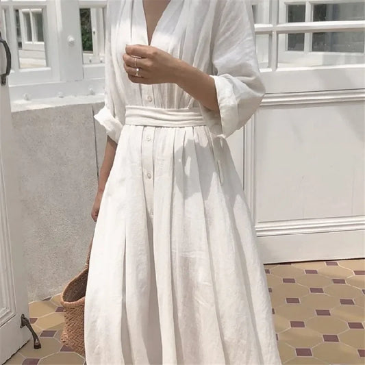 TFETTERS Brand Cardigan Women Long Shirt 2024 Spring and Autumn Long Sleeve Maxi Dress Cotton and Linen White Dress for Women