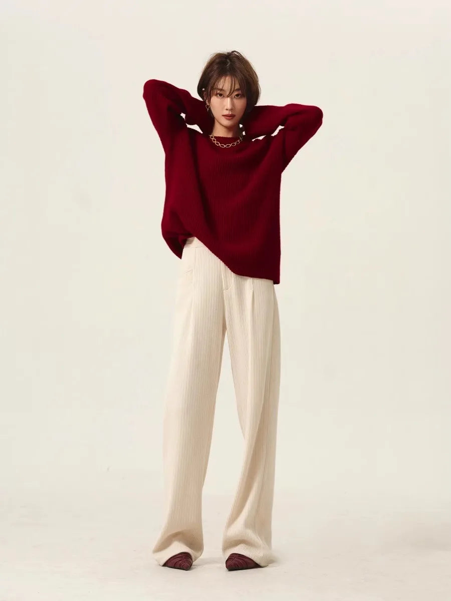 Turtleneck 100% cashmere sweater women loose thickening age reduction niche vintage red crewneck sweater women long sleeves