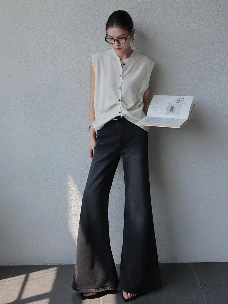 Minimalist Black Micro Flared Jeans For Women In Spring And Autumn, Slim Fit With Wide Legs, Fashionable Floor Length Pants