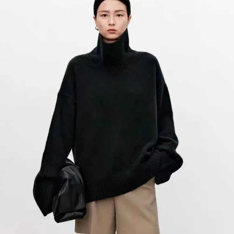 High-end soft waxy turtleneck 100%cashmere sweater women's loose thickened sweater base wool sweater