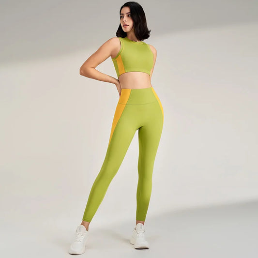 Women's color clashing quick-drying yoga clothes suit gym training clothes suit gathered undershirt lifting hip tight pants