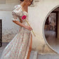 Floral Printed Chic Maxi Dress Hollow Out Ruffles Puff Sleeve Sexy Beige Women Ladies Party Dresses Vestidos New