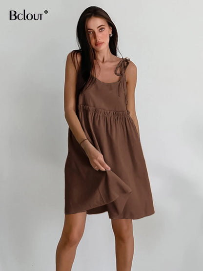 Summer Khaki Linen Dress Women Elegant Spaghetti Strap A-Line Loose Dresses Fashion Ruched Lace-Up Sexy Mini Dresses 2024