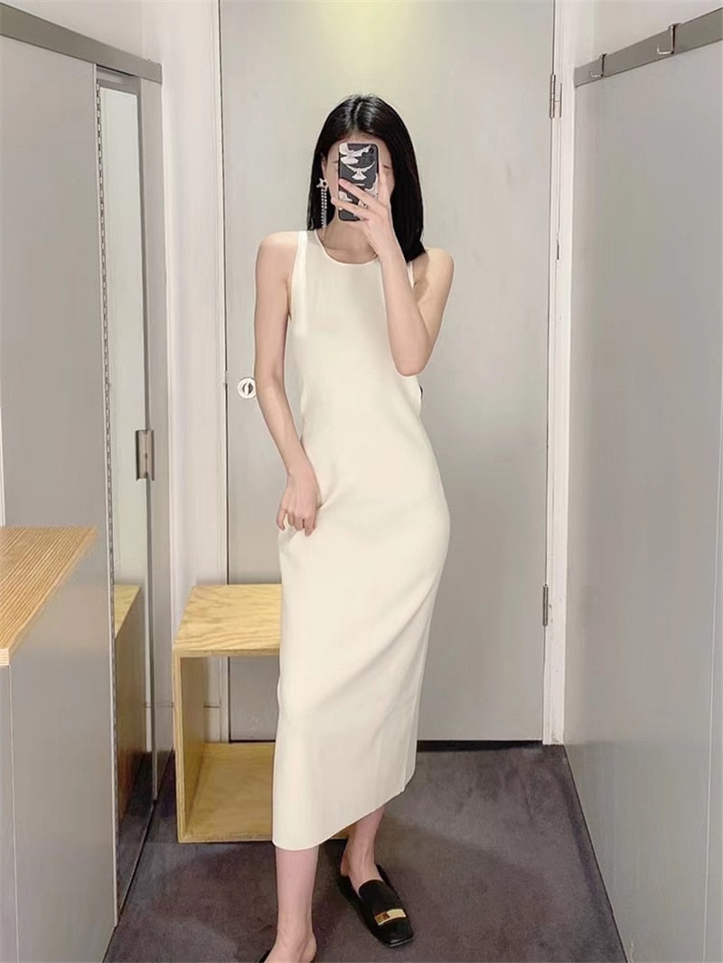 Slim Knitted Long Dress Women Minimalist Elegant Office Ladies Sleeveless O-neck Casual Tank Dress Summer Bodycon Dresses N578