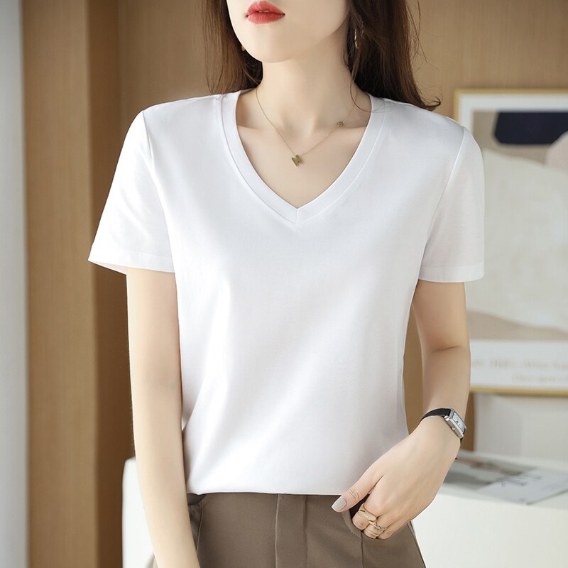 Summer Women&#39;s 100% Mercerized Cotton T-shirts V-Neck Short Sleeve Tees Solid Color Basic Cozy Classic Silk T-shirt Tops 2023