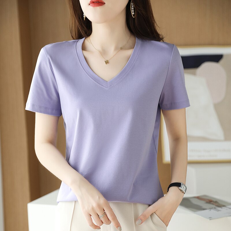 Summer Women&#39;s 100% Mercerized Cotton T-shirts V-Neck Short Sleeve Tees Solid Color Basic Cozy Classic Silk T-shirt Tops 2023