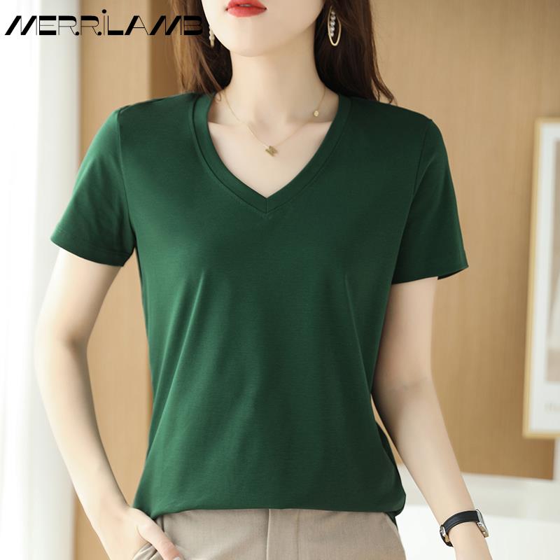 Summer Women&#39;s 100% Mercerized Cotton T-shirts V-Neck Short Sleeve Tees Solid Color Basic Cozy Classic Silk T-shirt Tops 2023