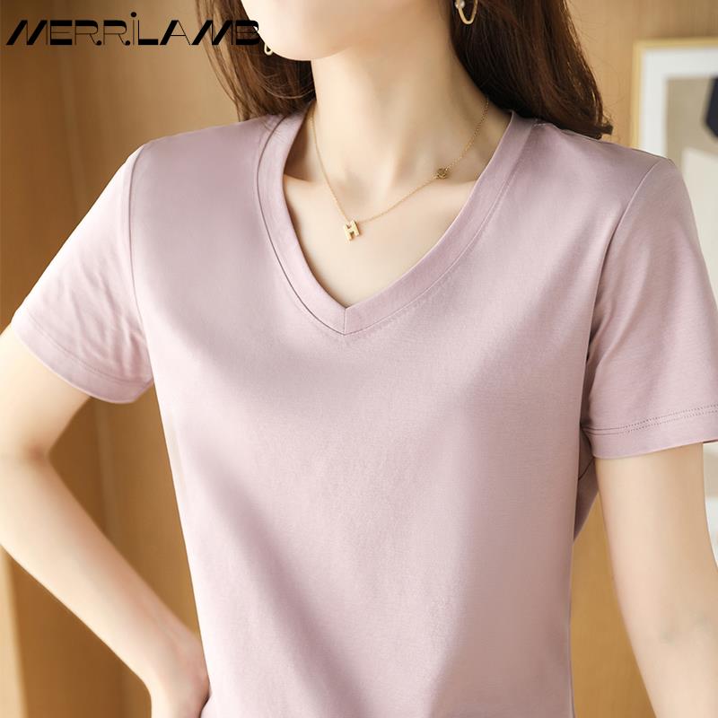 Summer Women&#39;s 100% Mercerized Cotton T-shirts V-Neck Short Sleeve Tees Solid Color Basic Cozy Classic Silk T-shirt Tops 2023