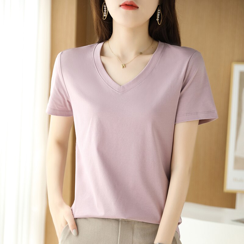 Summer Women&#39;s 100% Mercerized Cotton T-shirts V-Neck Short Sleeve Tees Solid Color Basic Cozy Classic Silk T-shirt Tops 2023