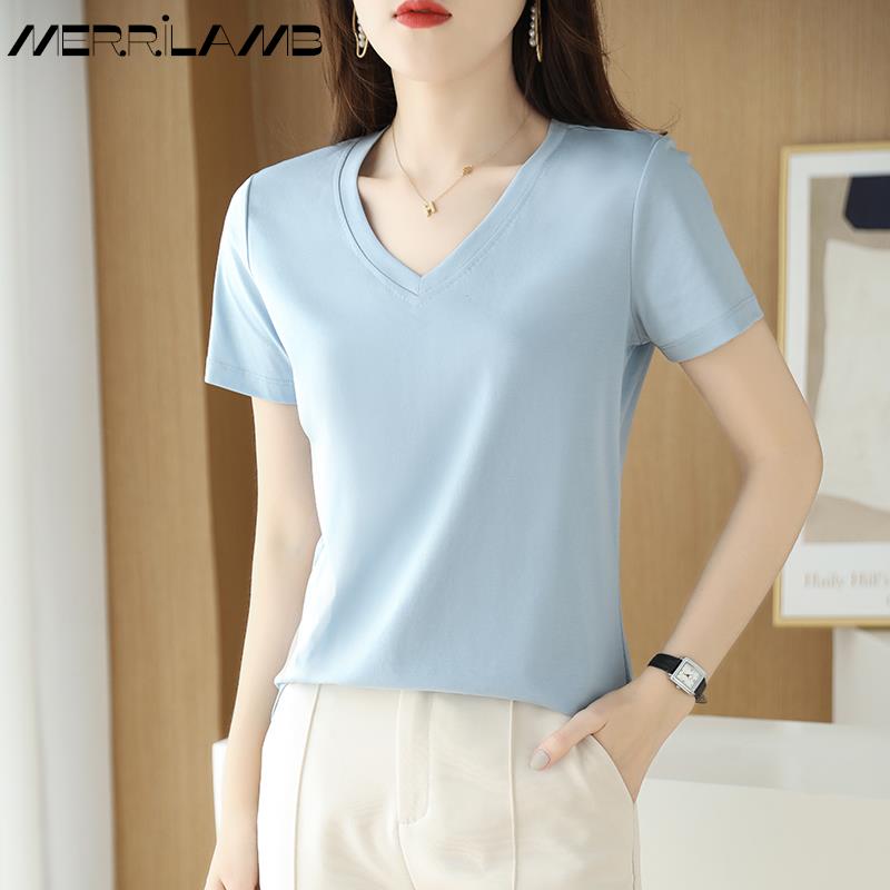 Summer Women&#39;s 100% Mercerized Cotton T-shirts V-Neck Short Sleeve Tees Solid Color Basic Cozy Classic Silk T-shirt Tops 2023