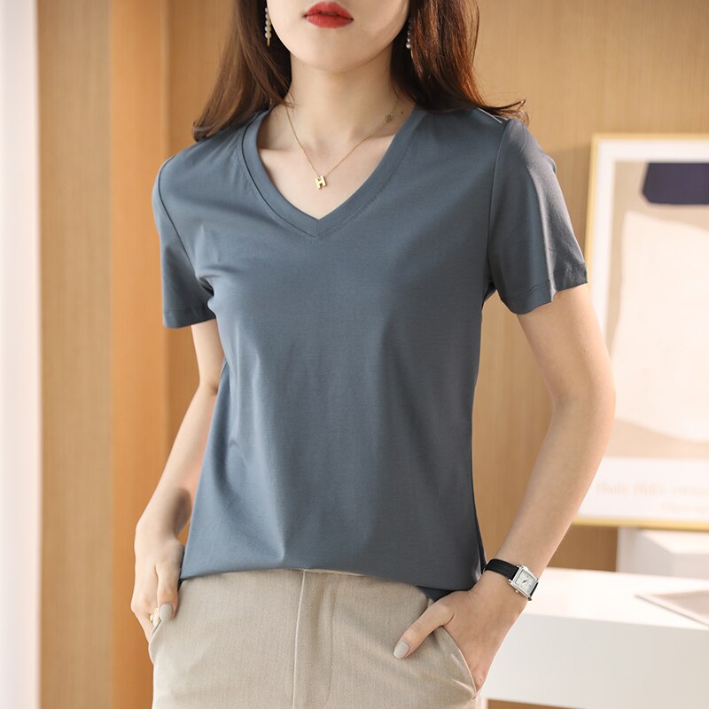 Summer Women&#39;s 100% Mercerized Cotton T-shirts V-Neck Short Sleeve Tees Solid Color Basic Cozy Classic Silk T-shirt Tops 2023