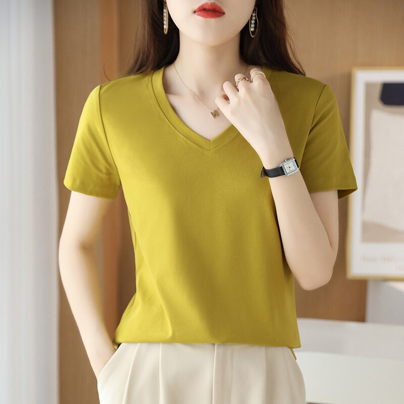 Summer Women&#39;s 100% Mercerized Cotton T-shirts V-Neck Short Sleeve Tees Solid Color Basic Cozy Classic Silk T-shirt Tops 2023