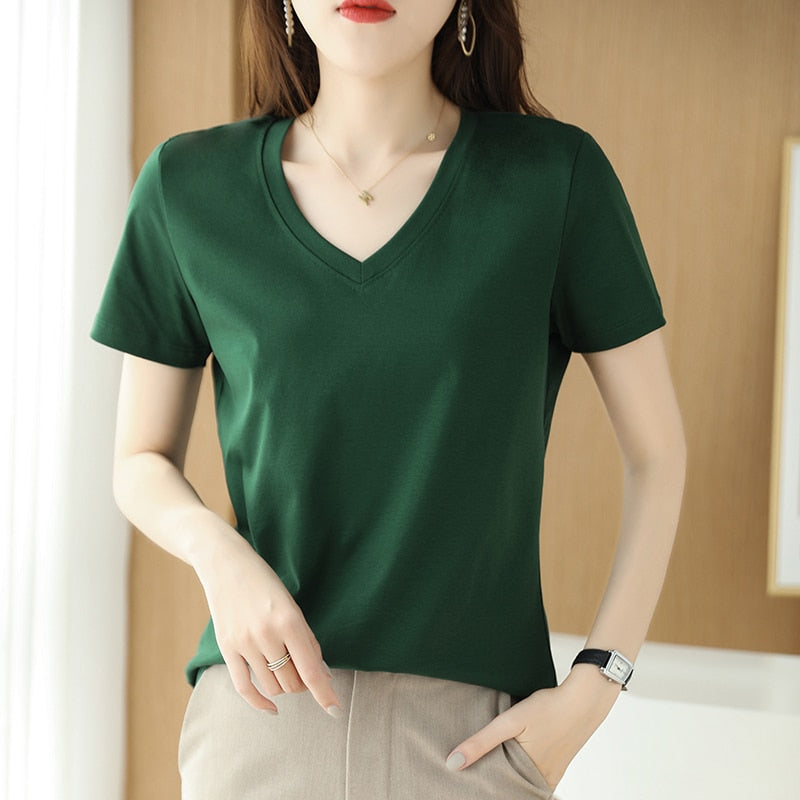 Summer Women&#39;s 100% Mercerized Cotton T-shirts V-Neck Short Sleeve Tees Solid Color Basic Cozy Classic Silk T-shirt Tops 2023