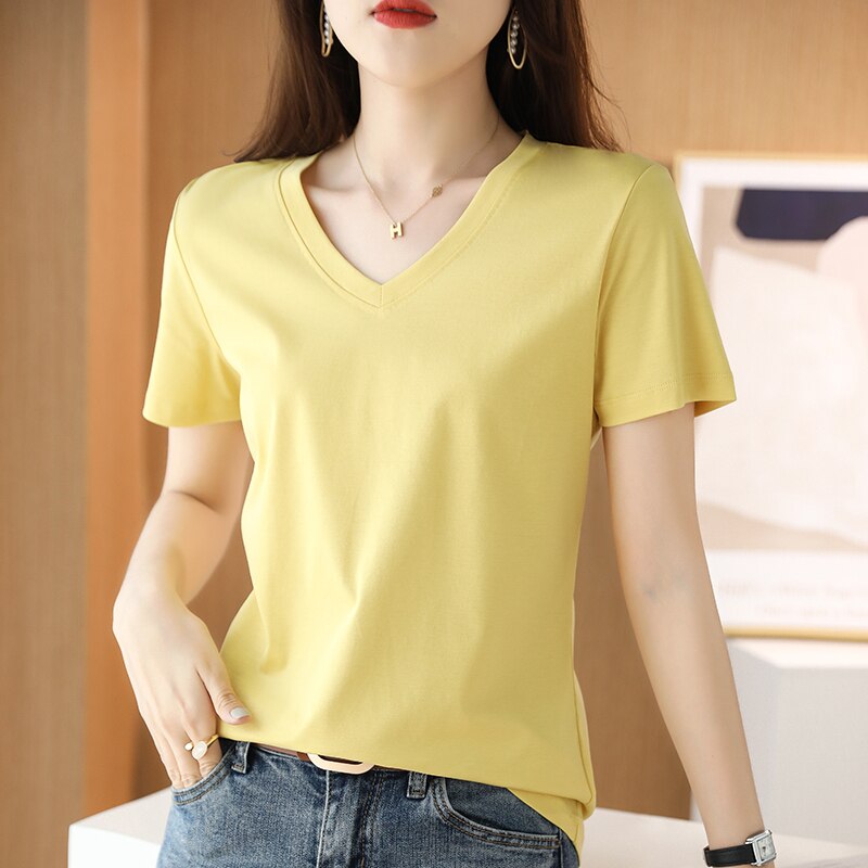 Summer Women&#39;s 100% Mercerized Cotton T-shirts V-Neck Short Sleeve Tees Solid Color Basic Cozy Classic Silk T-shirt Tops 2023