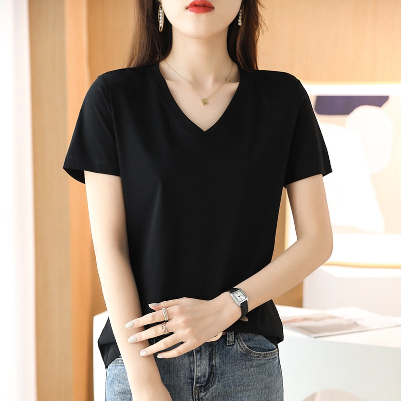 Summer Women&#39;s 100% Mercerized Cotton T-shirts V-Neck Short Sleeve Tees Solid Color Basic Cozy Classic Silk T-shirt Tops 2023