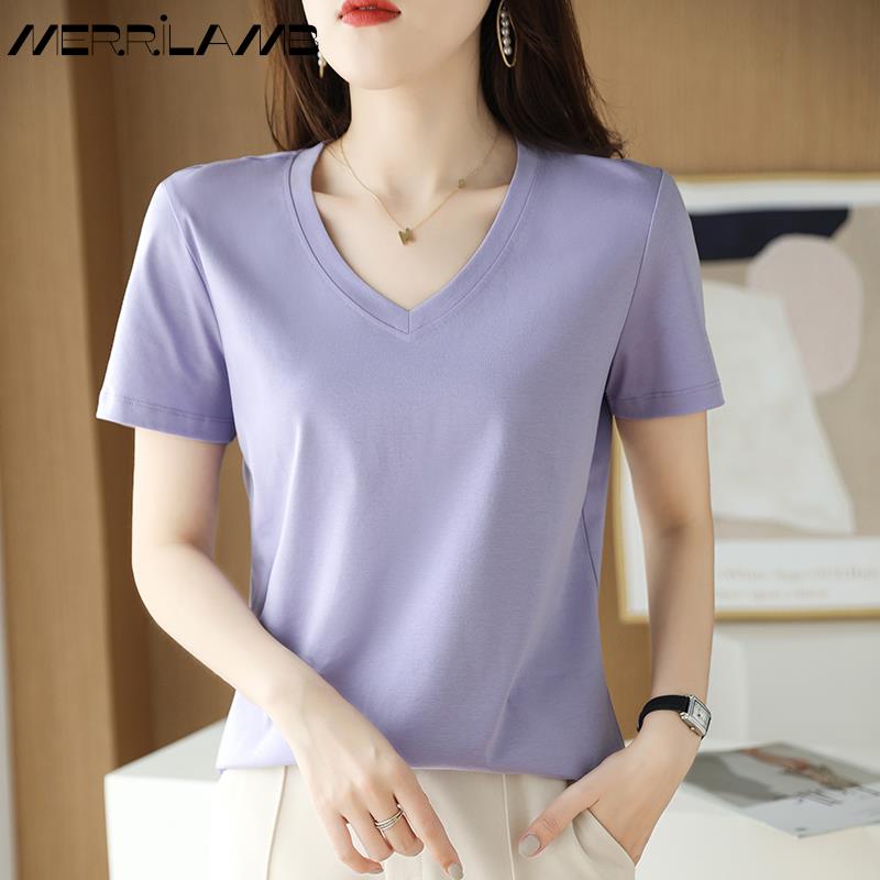 Summer Women&#39;s 100% Mercerized Cotton T-shirts V-Neck Short Sleeve Tees Solid Color Basic Cozy Classic Silk T-shirt Tops 2023