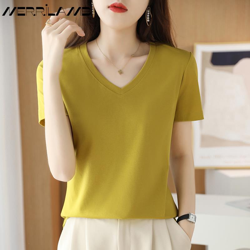 Summer Women&#39;s 100% Mercerized Cotton T-shirts V-Neck Short Sleeve Tees Solid Color Basic Cozy Classic Silk T-shirt Tops 2023