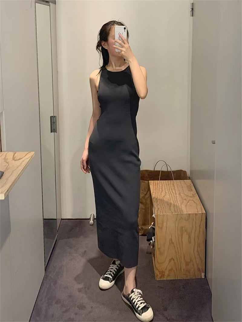 Slim Knitted Long Dress Women Minimalist Elegant Office Ladies Sleeveless O-neck Casual Tank Dress Summer Bodycon Dresses N578