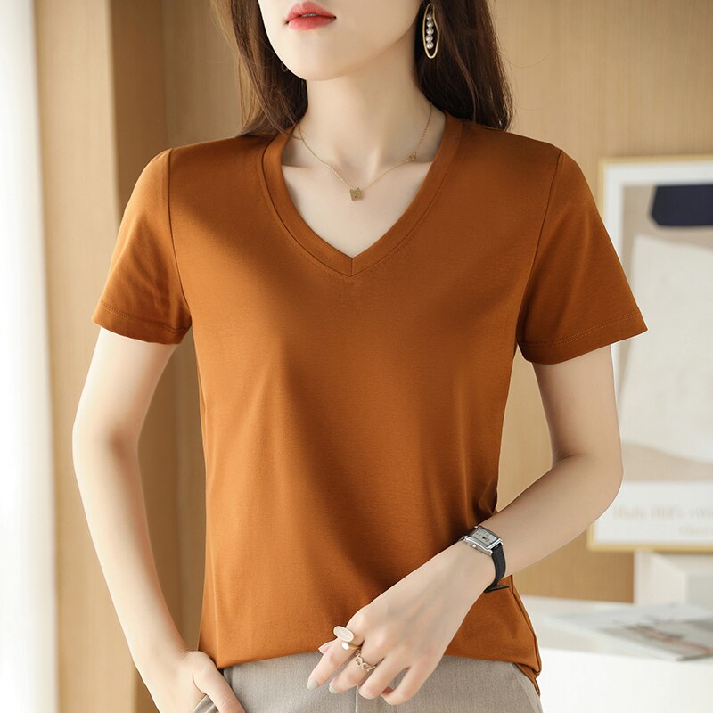 Summer Women&#39;s 100% Mercerized Cotton T-shirts V-Neck Short Sleeve Tees Solid Color Basic Cozy Classic Silk T-shirt Tops 2023