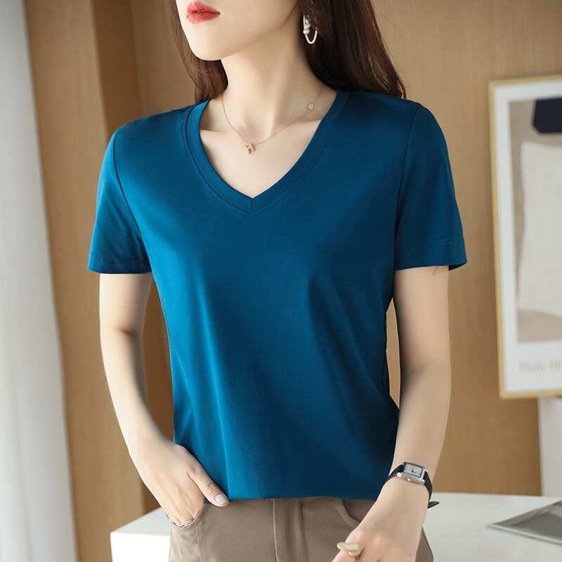 Summer Women&#39;s 100% Mercerized Cotton T-shirts V-Neck Short Sleeve Tees Solid Color Basic Cozy Classic Silk T-shirt Tops 2023