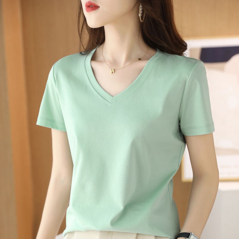 Summer Women&#39;s 100% Mercerized Cotton T-shirts V-Neck Short Sleeve Tees Solid Color Basic Cozy Classic Silk T-shirt Tops 2023